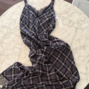 Gold Hawk Charcoal Cotton Plaid Maxi Dress w Lace,  Size SM   *NWT*